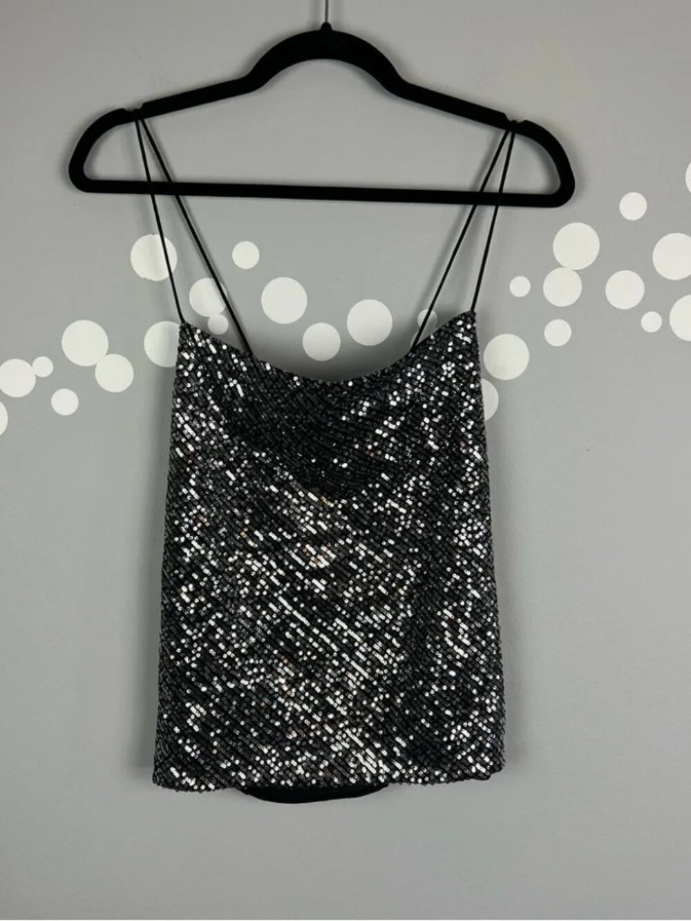 NWT Chelsea28 Silver Black Sequin Camisole Tank Top Cowl Neck Size S